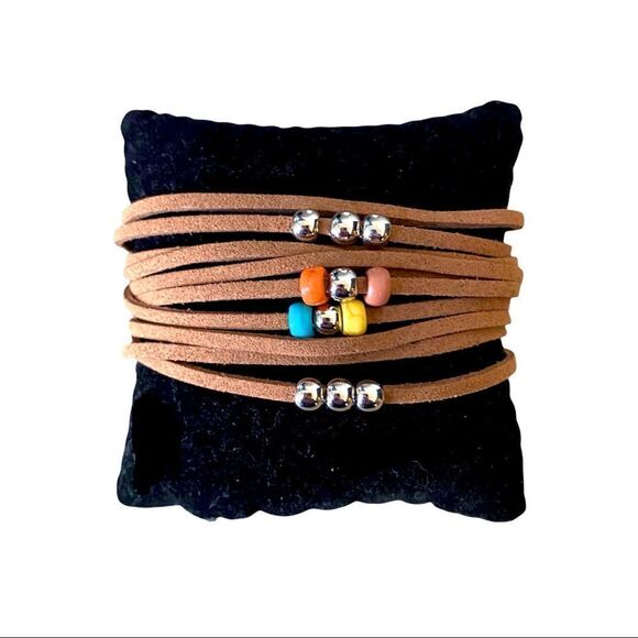 Boho Faux Suede Strands & Multicolor Bead  Adjustable Bracelet Silver Tone OSFM - Picture 4 of 4